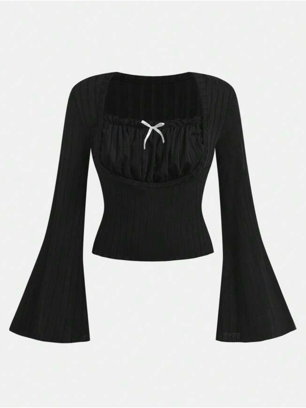 SHEIN Black Ribbed Sweetheart Bell-Sleeve Top with Bow Y2K - Picture 1 of 6